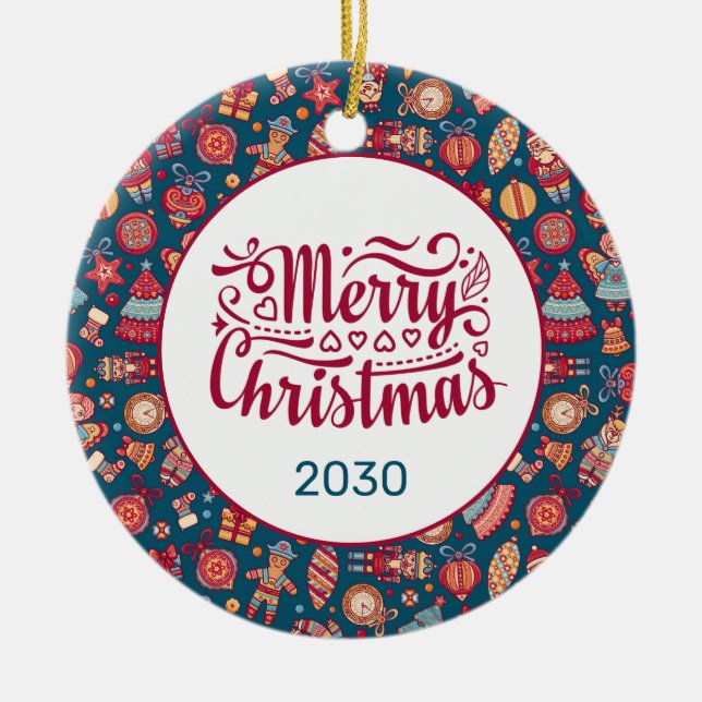 Retro Merry Christmas Personalised Ceramic Tree Decoration (Front)