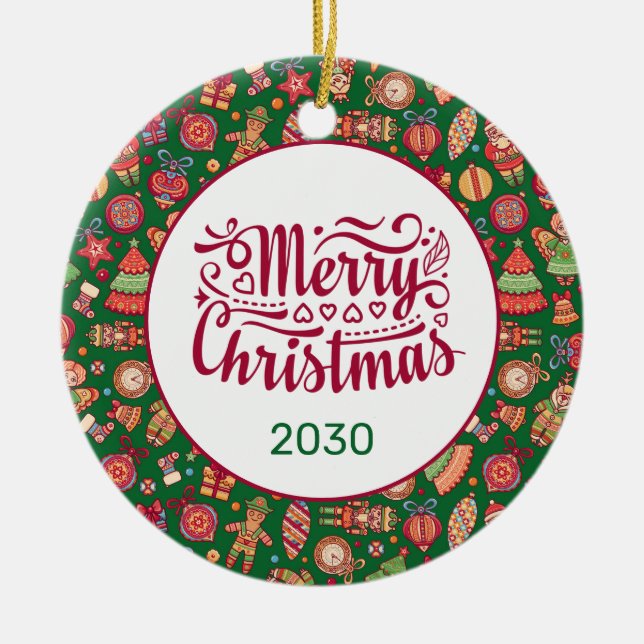 Retro Merry Christmas Personalised Ceramic Tree Decoration (Front)