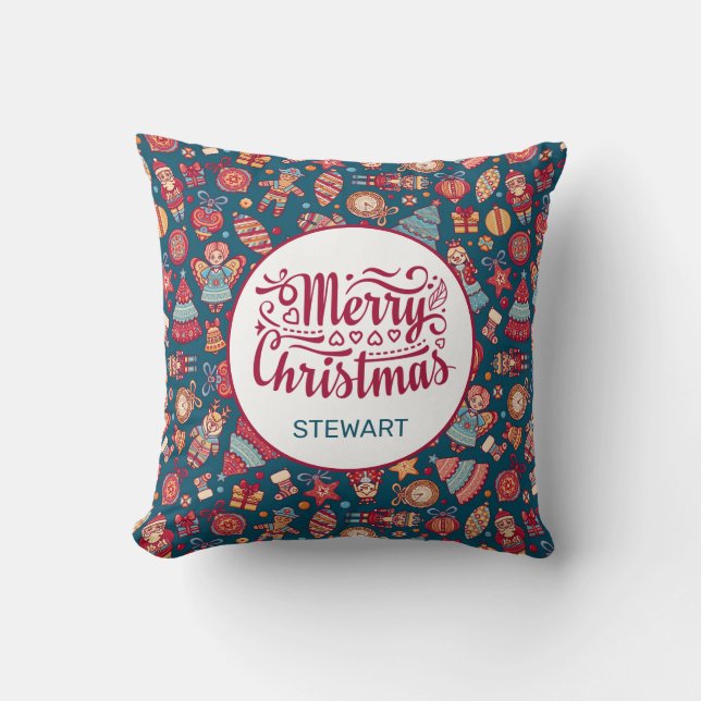 Retro Merry Christmas Personalised Cushion (Front)