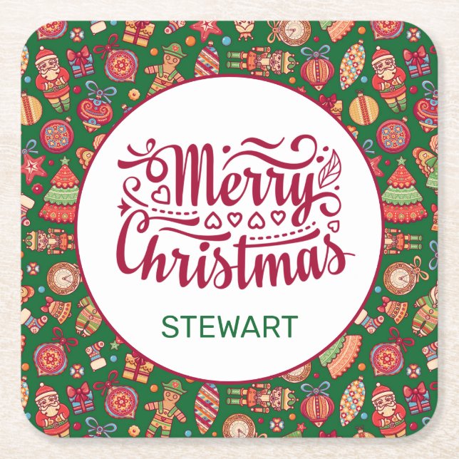 Retro Merry Christmas Personalised Square Paper Coaster (Front)