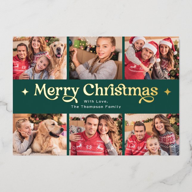 Retro Merry Christmas Photo Collage Foil Holiday Card (Front)