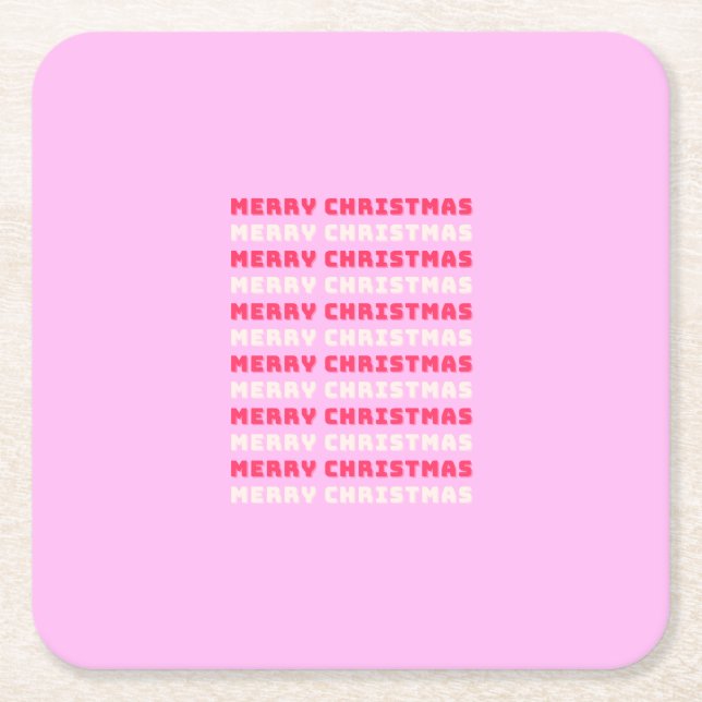 Retro Merry Christmas Pink Holiday Decor Preppy Square Paper Coaster (Front)