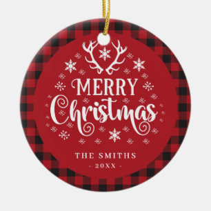 Retro Merry Christmas Red and White Custom Ceramic Tree Decoration