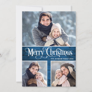 Retro Merry Christmas Rustic 3 PHOTO Greeting Holiday Card