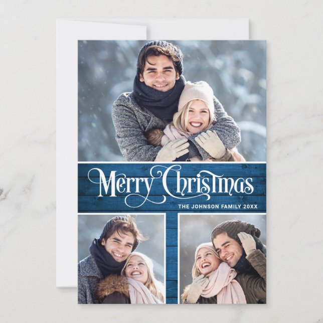  Retro Merry Christmas Rustic 3 PHOTO Greeting Holiday Card (Front)