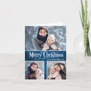 Retro Merry Christmas Rustic 3 PHOTO Greeting Holiday Card
