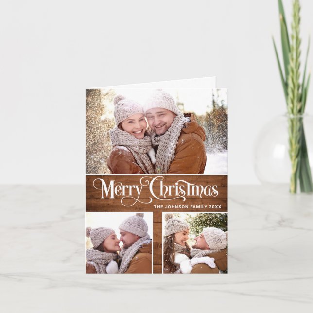  Retro Merry Christmas Rustic 4 PHOTO Greeting Holiday Card (Front)