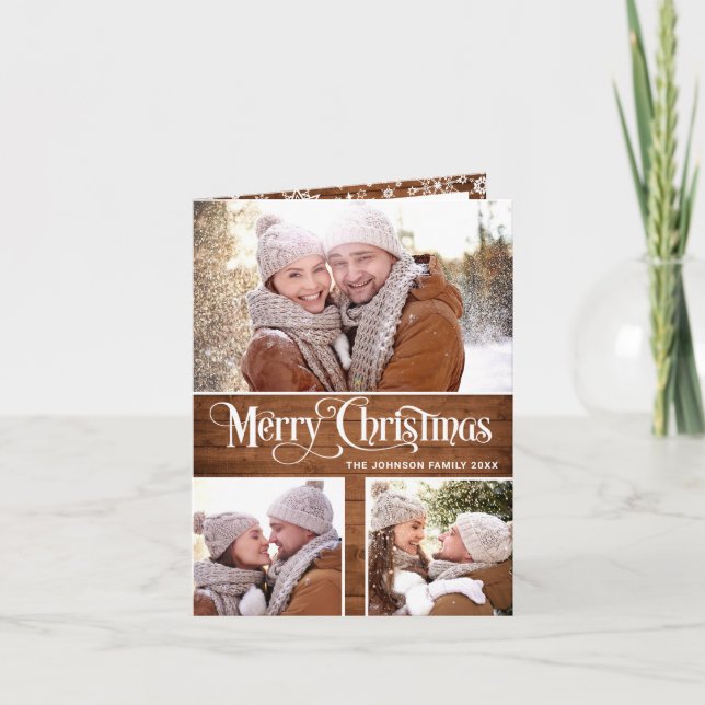  Retro Merry Christmas Rustic 5 PHOTO Greeting Holiday Card (Front)