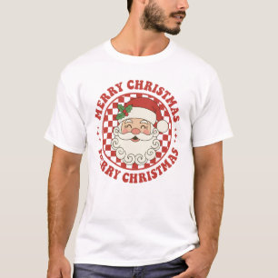 Retro Merry Christmas Santa Claus Checkerboard T-Shirt