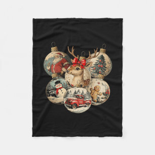 Retro Merry Christmas Santa Snowman Nutcracker Red Fleece Blanket