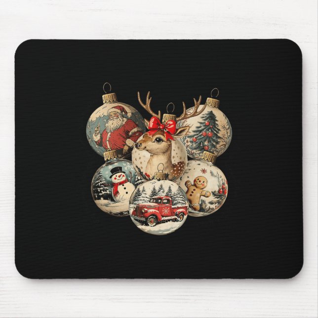 Retro Merry Christmas Santa Snowman Nutcracker Red Mouse Mat (Front)