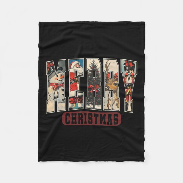 Retro Merry Christmas Santa Xmas Tree Snowman Nutc Fleece Blanket (Front)