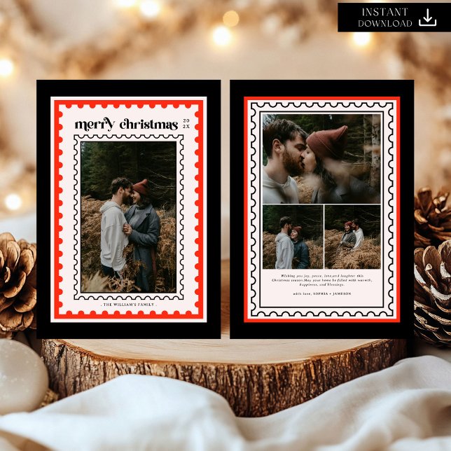 Retro Merry Christmas Stamp family Photo Holiday Card (Creator Uploaded)