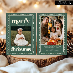 Retro Merry Christmas Stamp Photo Family  Holiday Card