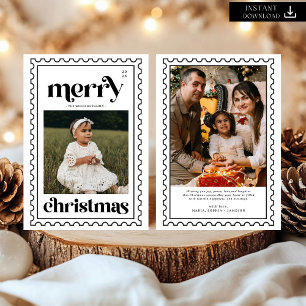 Retro Merry Christmas Stamp Photo Family Holiday Card