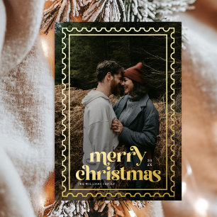Retro Merry Christmas Stamps photo Couples Foil Holiday Card