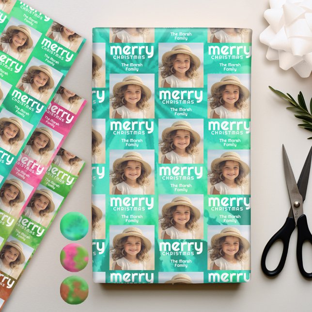 Retro Merry Christmas Tie-Dye Teal Photo 70s Vibe Wrapping Paper Sheet (Personalized Photo Wrapping Paper)