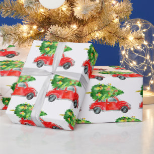 Retro Merry Christmas Tree Red Farm Truck Holiday Wrapping Paper