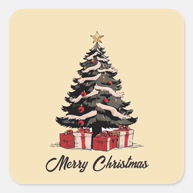 Retro Merry Christmas Tree Sticker (Front)