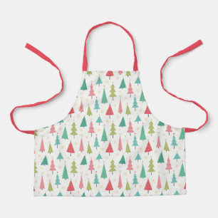 Retro Merry Christmas Trees Fun Holiday Pattern Apron