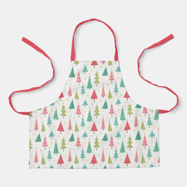 Retro Merry Christmas Trees Fun Holiday Pattern Apron (Front)