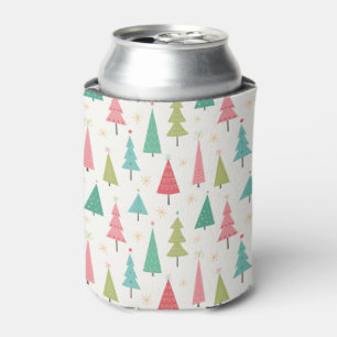 Retro Merry Christmas Trees Fun Holiday Pattern Can Cooler
