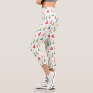 Retro Merry Christmas Trees Fun Holiday Pattern Capri Leggings