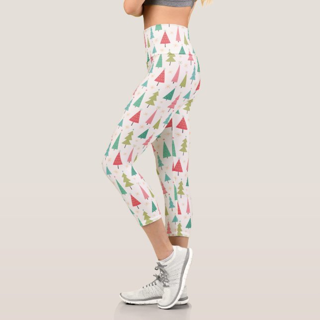 Retro Merry Christmas Trees Fun Holiday Pattern Capri Leggings (Left)
