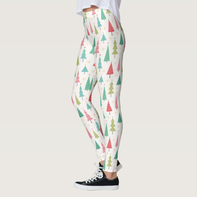 Retro Merry Christmas Trees Fun Holiday Pattern Leggings (Left)