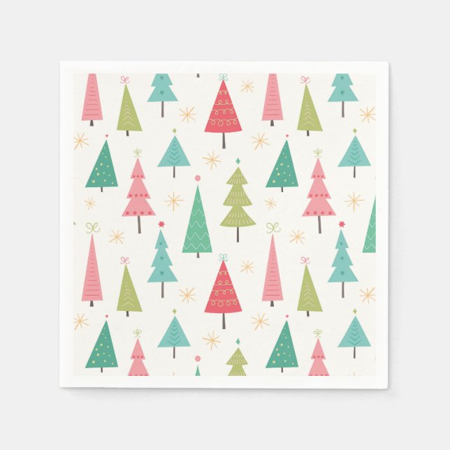 Retro Merry Christmas Trees Fun Holiday Pattern Napkin (Front)