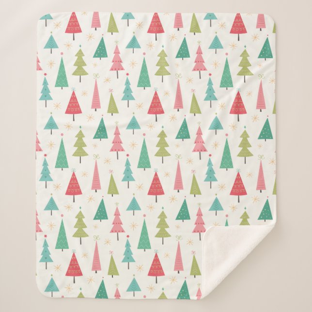 Retro Merry Christmas Trees Fun Holiday Pattern Sherpa Blanket (Front)