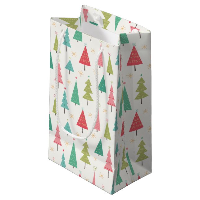 Retro Merry Christmas Trees Fun Holiday Pattern Small Gift Bag (Front Angled)