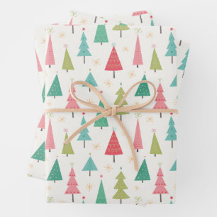 Retro Merry Christmas Trees Fun Holiday Pattern Wrapping Paper Sheet