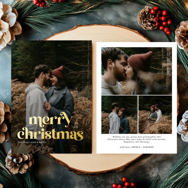 Retro Merry Christmas Trendy photo family  Foil Holiday Card (Creator Uploaded)