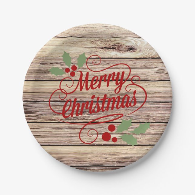 Retro Merry Christmas Typography Birch Wood Paper Plate (Front)