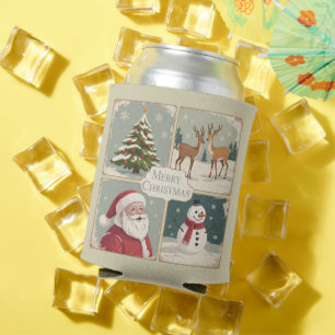 Retro Merry Christmas Vintage Santa Claus Tree Can Cooler