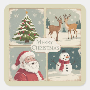 Retro Merry Christmas Vintage Santa Claus Tree Square Sticker