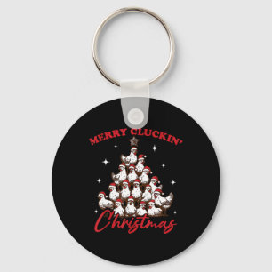 Retro Merry Cluckin Christmas Chicken Tree Farm An Key Ring