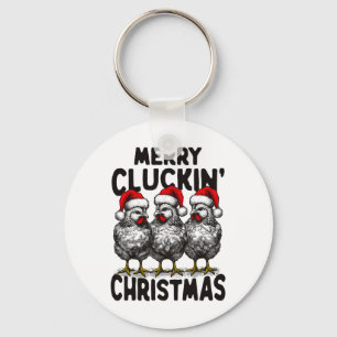Retro Merry Cluckin' Christmas Fun Chicken Santa F Key Ring