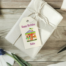 Retro Merry-Go-Round Child Name Happy Birthday Gift Tags