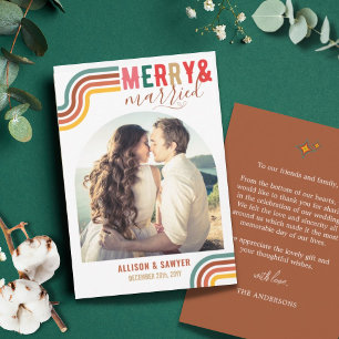Retro Merry & Married 1 Photo Minimalist Holiday Thank You Card