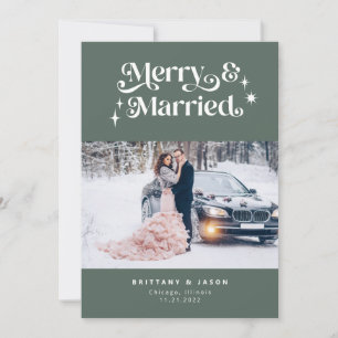 Retro Merry & Married Minimalist Photo Green Holiday Card