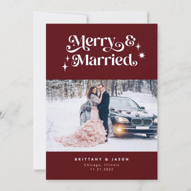Retro Merry & Married Minimalist Photo Red Holiday Card (Front)