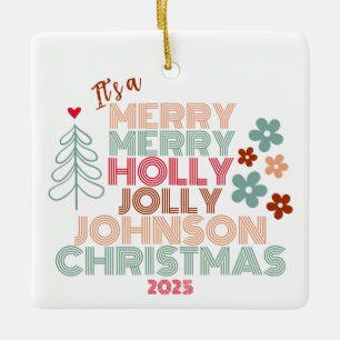 Retro Merry Merry Holly Jolly Christmas Ceramic Ornament