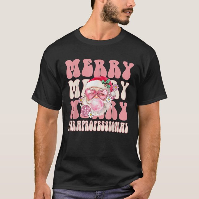 Retro Merry Paraprofessional Christmas Pink Santa  T-Shirt (Front)