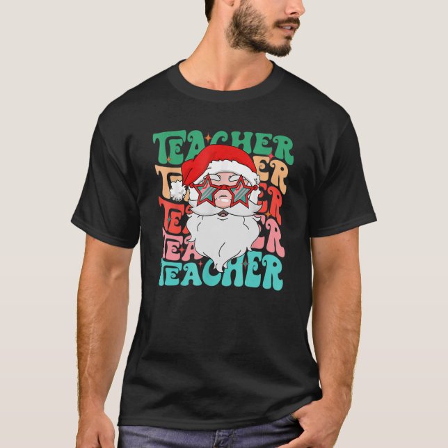 Retro Merry Teacher Stacked Teacher Christmas Teac T-Shirt (Front)