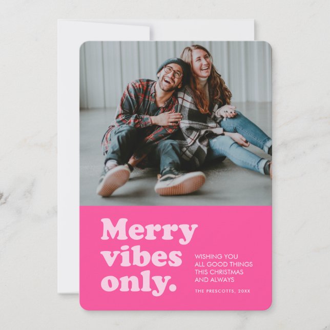 Retro merry vibes hot pink one photo Christmas Holiday Card (Front)