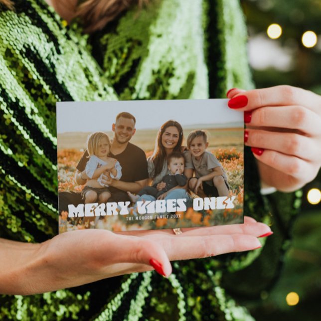 Retro Merry Vibes Only Holiday Christmas Card (Retro Merry Vibes Only Holiday Card with Photo)