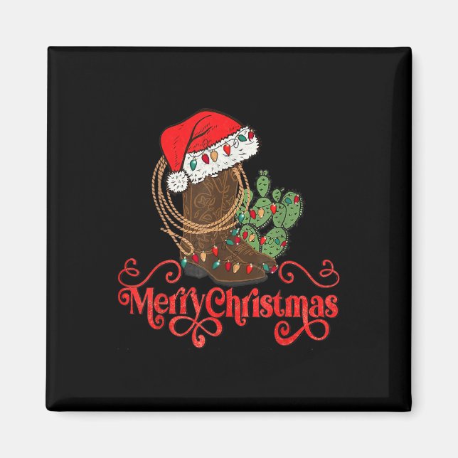 Retro Merry Xmas Santa Hat Cowboy Boots Western Ch Magnet (Front)