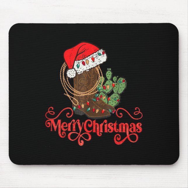 Retro Merry Xmas Santa Hat Cowboy Boots Western Ch Mouse Mat (Front)